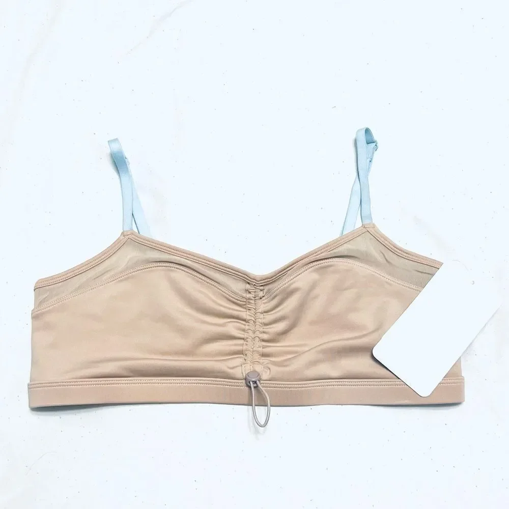 Fabletics Makayla Bra Low Impact Cinch Front Tan With Blue Straps Size L NWT